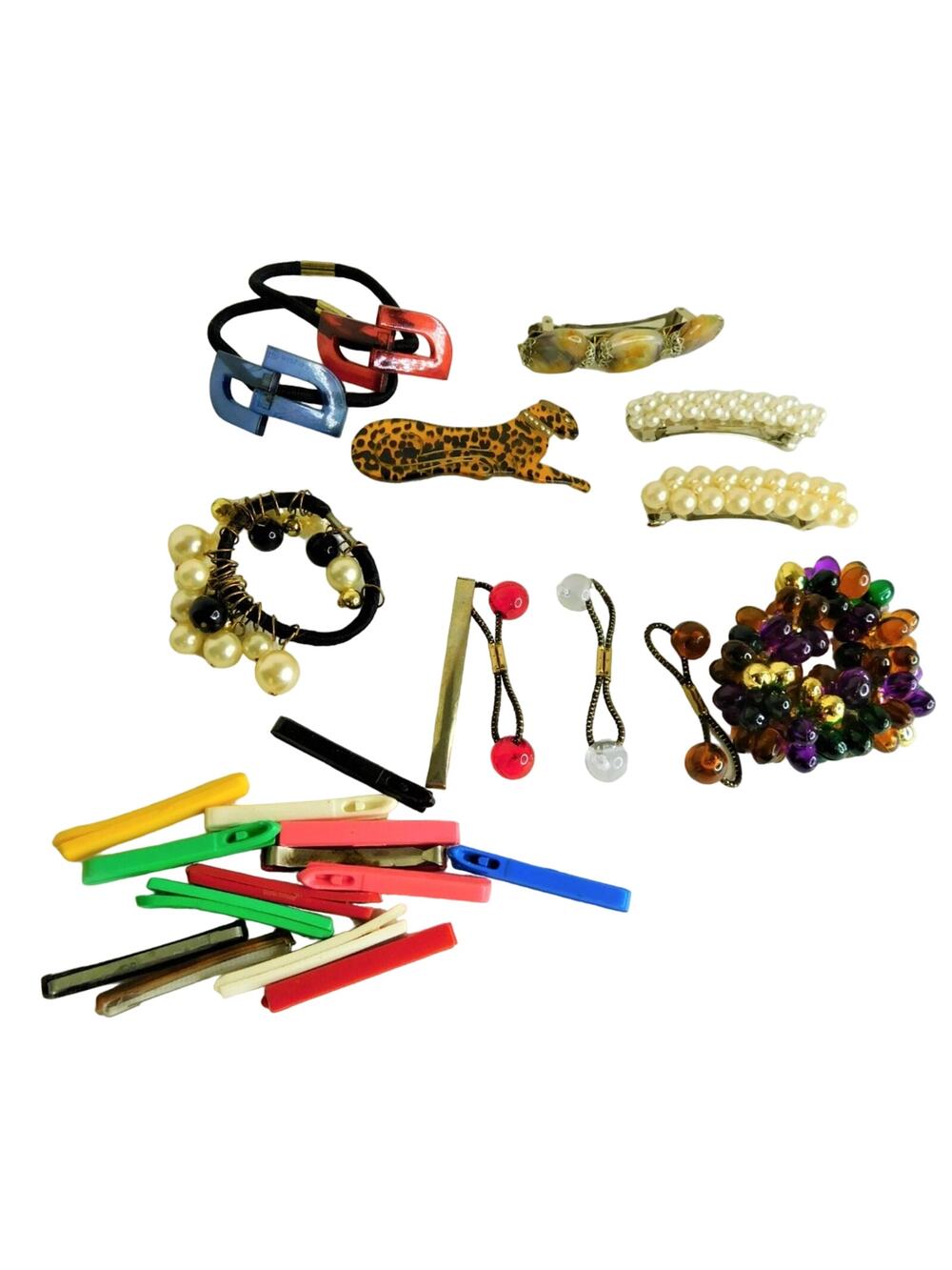 Vintage 80s 90s Hair Accessories Lot Cheetah Pearl Barrettes Elastics